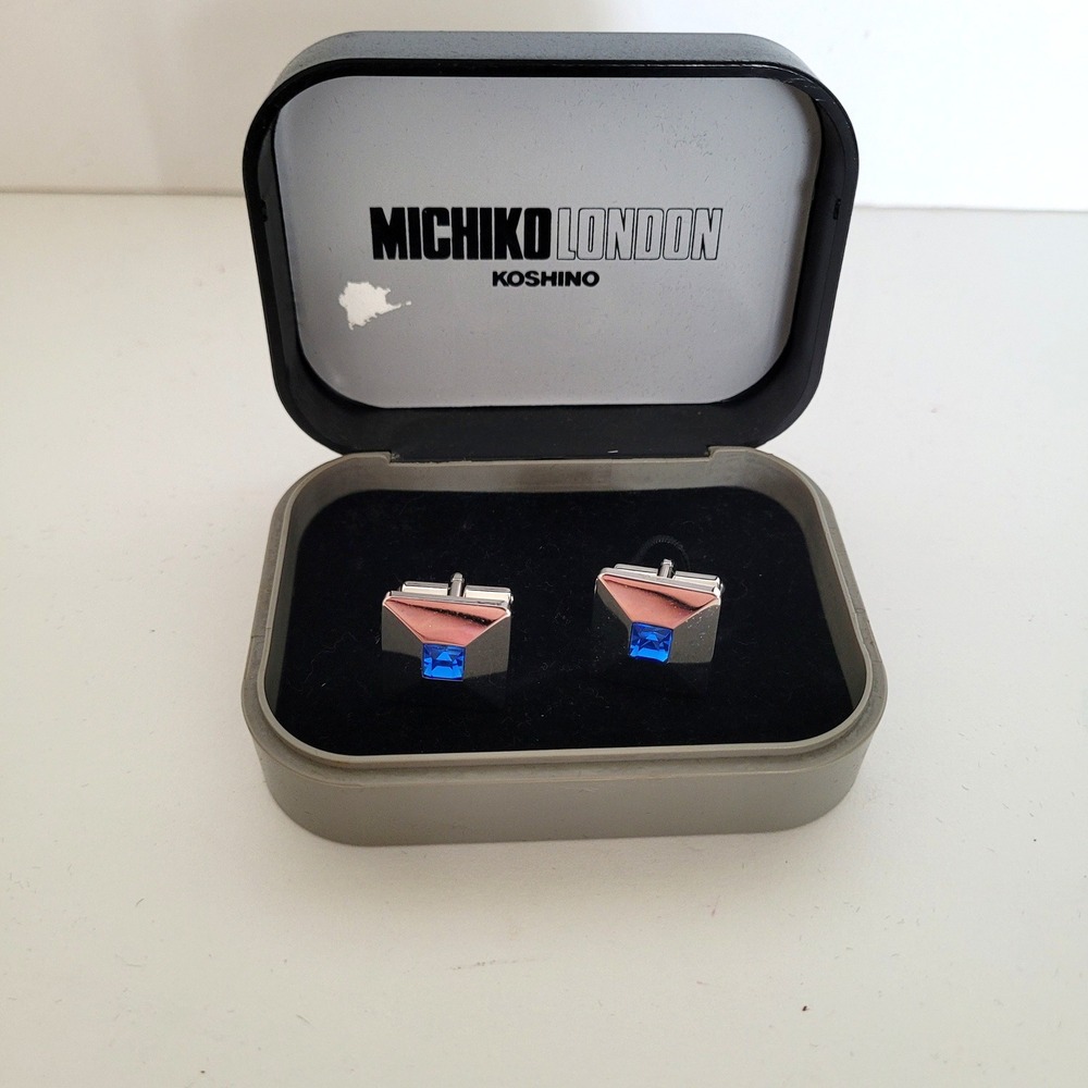 Michiko London Koshino Silver Tone Blue Crystal Square Geometric Cufflinks Box